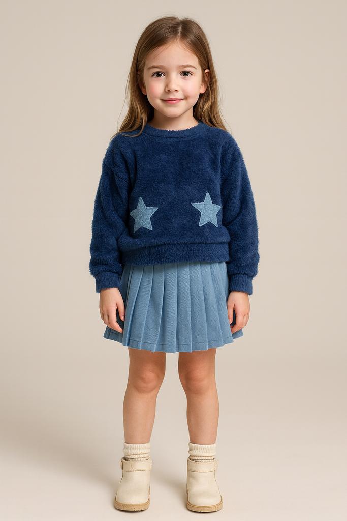 Completo bambina con pullover stelle e gonna a pieghe