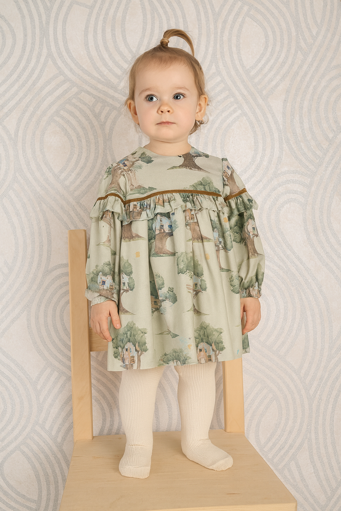 Vestito bambina verde con fantasia case sull'albero