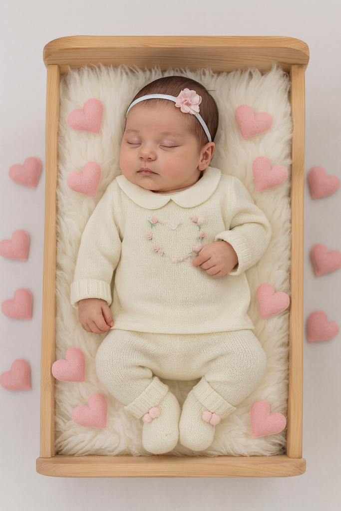 Completo neonata 100% lana ricamo rose