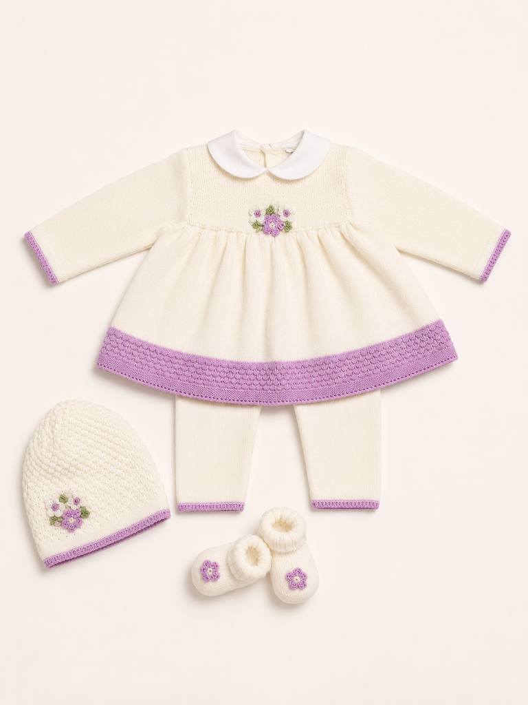 Completo neonata con cappello e babbucce 100% lana con ricamo fiori