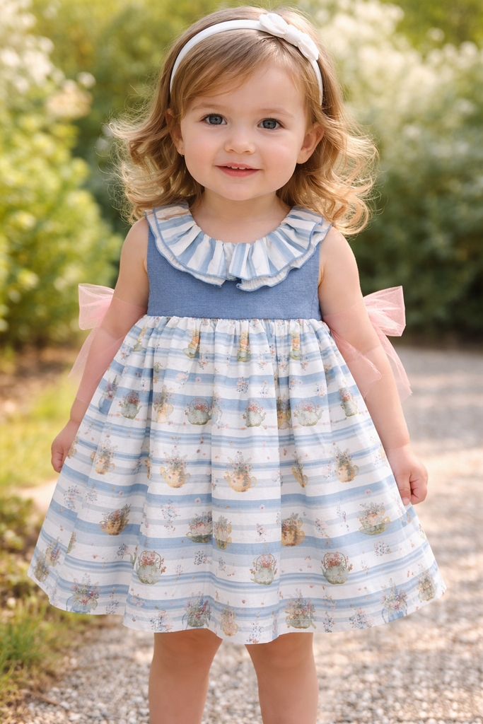 Vestito bambina in cotone fasciato con stampa vasi fiori