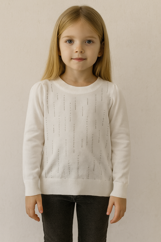 Pullover bambina in filo con strass bianco
