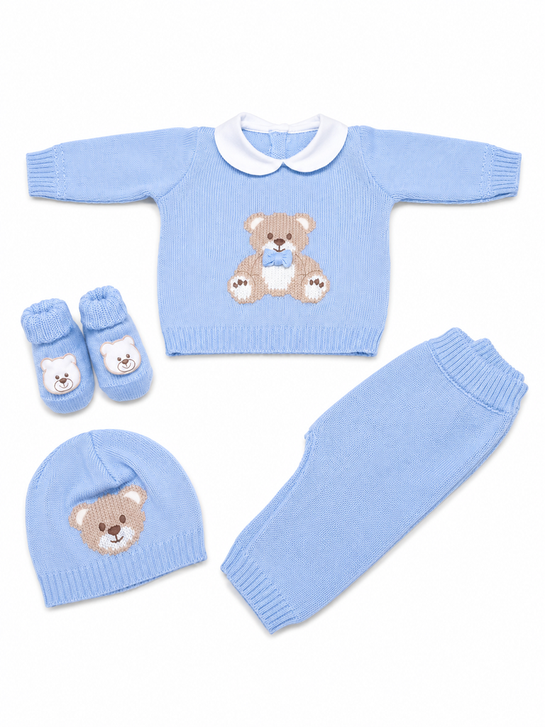 Completo neonato con cappello e babbucce 100% lana con orsetto ricamato e fiocco