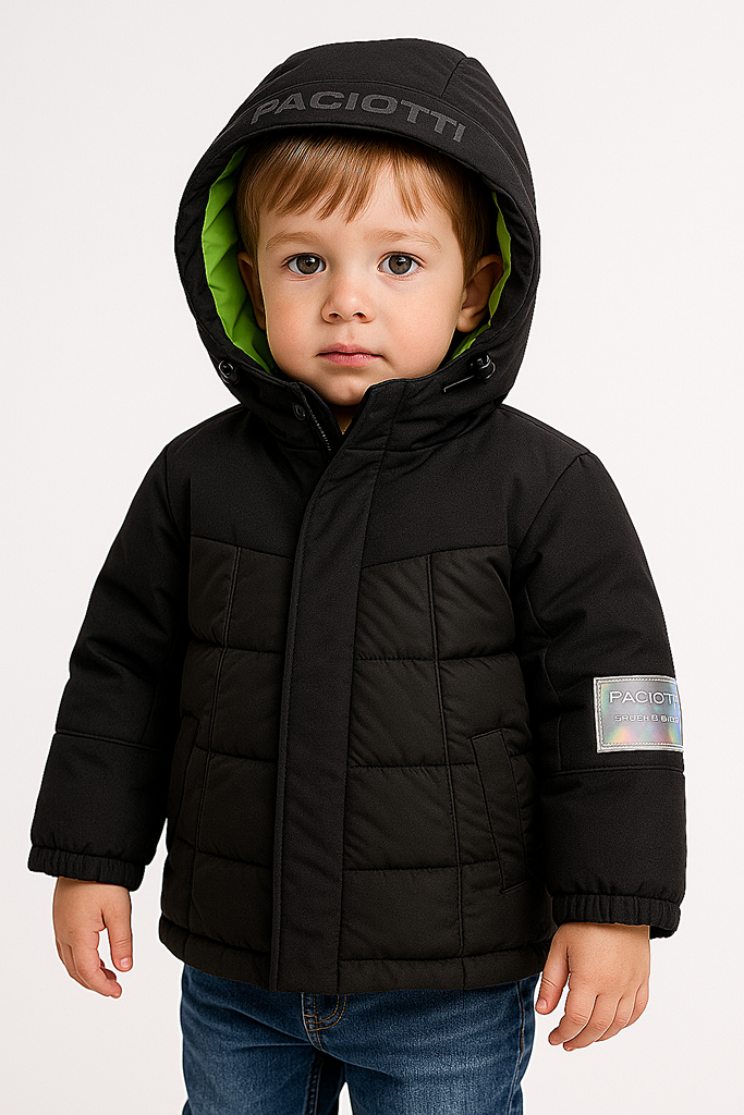 Giubbotto bambino nero con cappuccio interno fluo