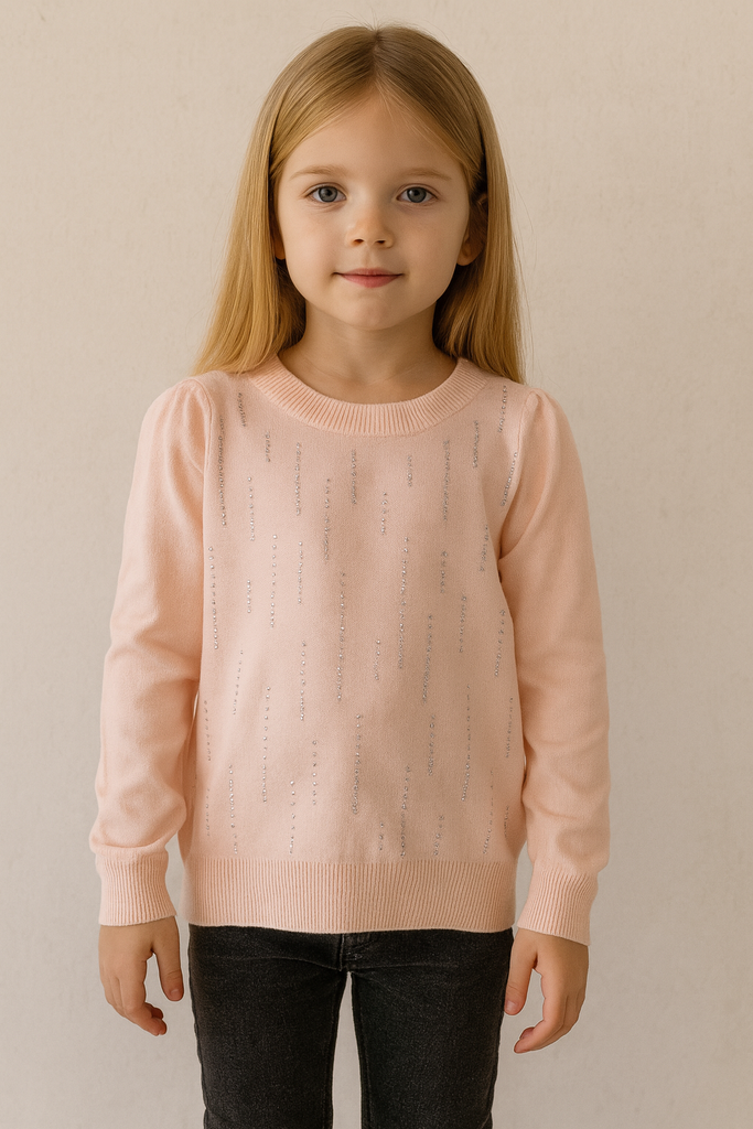 Pullover bambina in filo con strass rosa