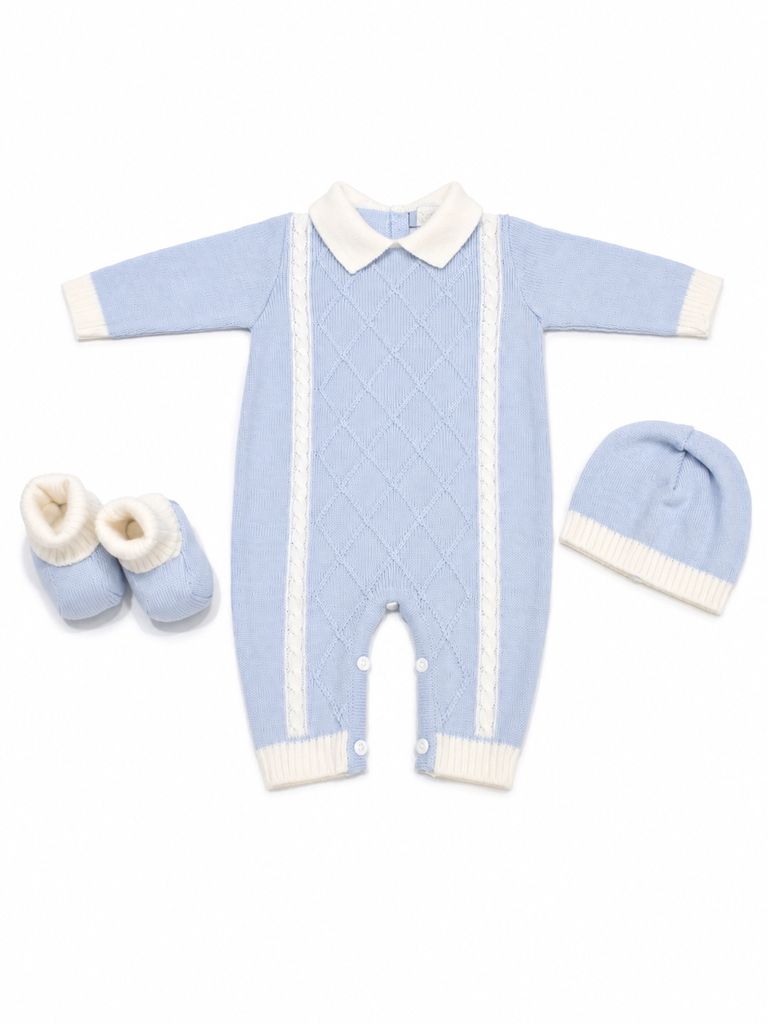 Tutina neonato con cappello e babbucce 100% lana con losanghe