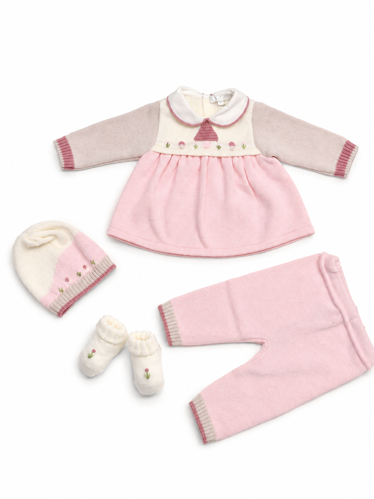 Completo neonata con cappello e babbucce 100% lana con ricamo casette