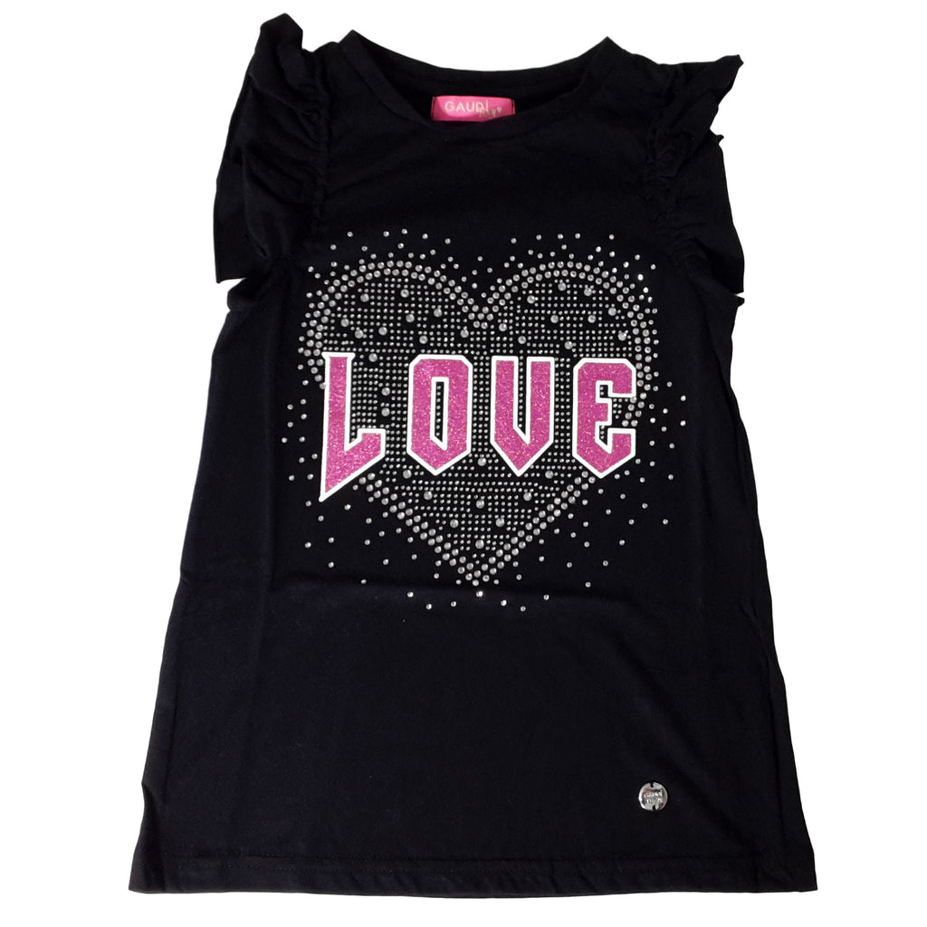 T-SHIRT in cotone con strass che formano un cuore e stampa love