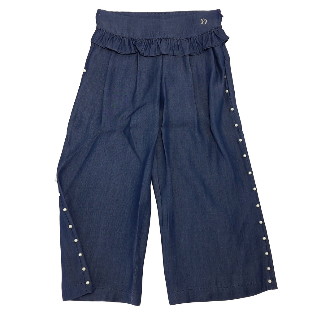 PANTALONE bambina gaucho effetto jeans con perle applicate lateralmente