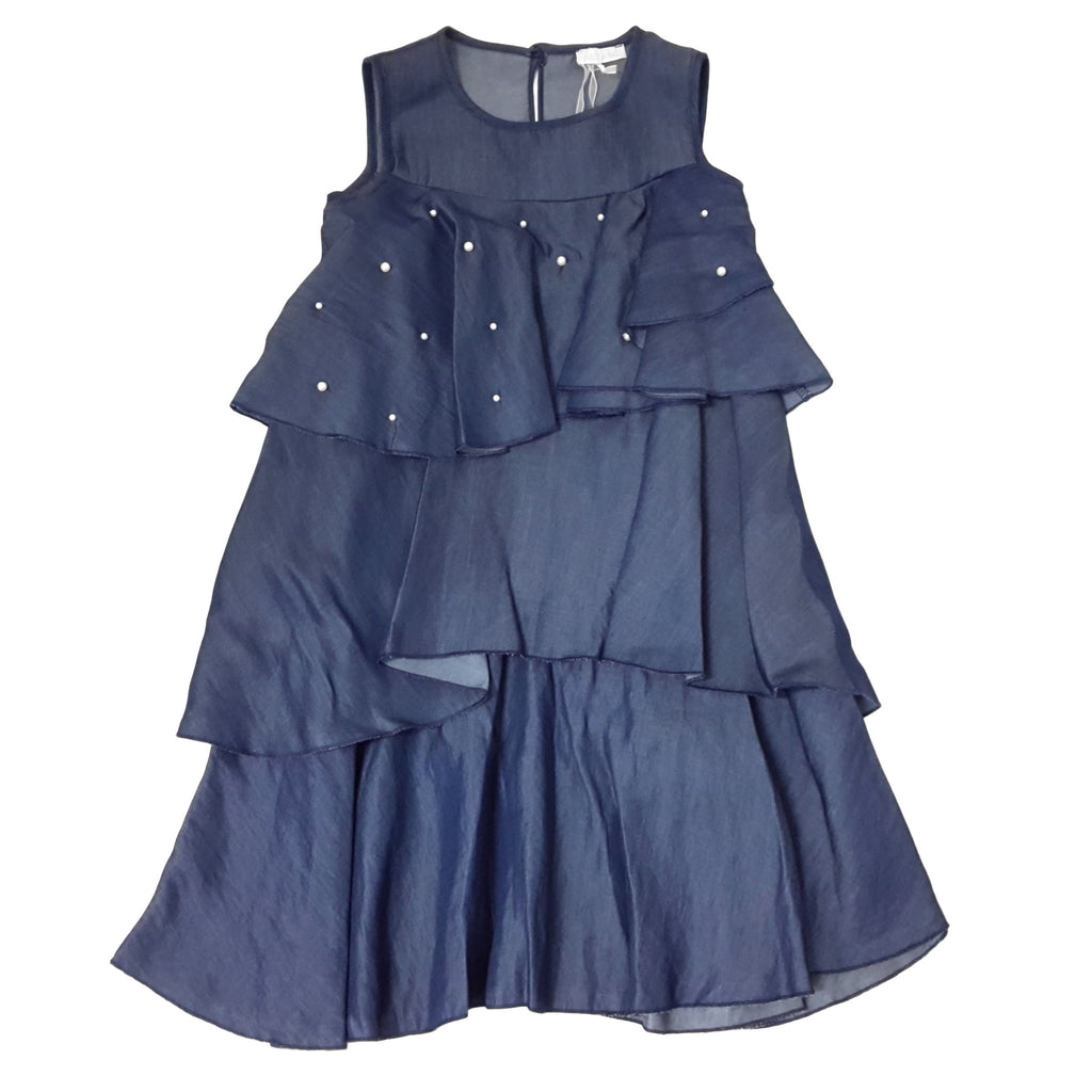 VESTITO bambina BOX  in tessuto effetto jeans a balze con perle sul davanti