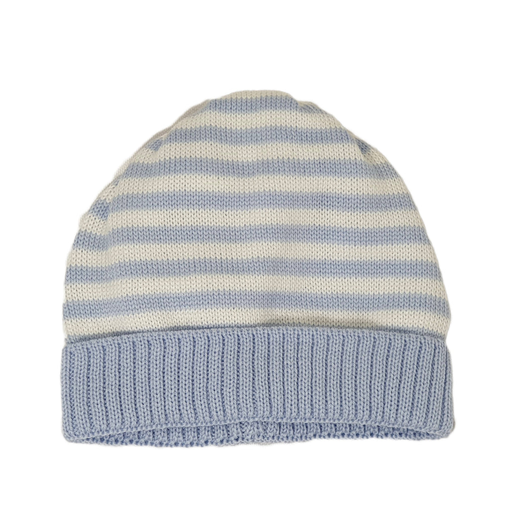 CAPPELLO NEONATO 100% LANA fasciato cielo-bianco