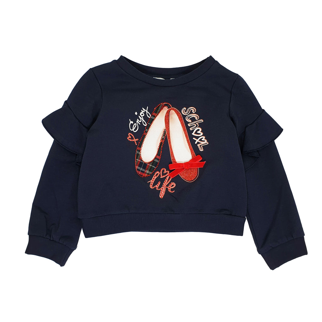 Felpa bambina con rouge su maniche e scarpette stampate sul davanti