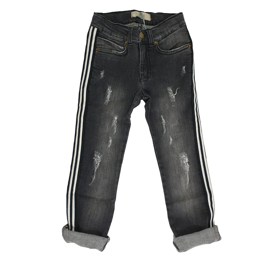 Jeans bambino con strappi e bande laterali a contrasto