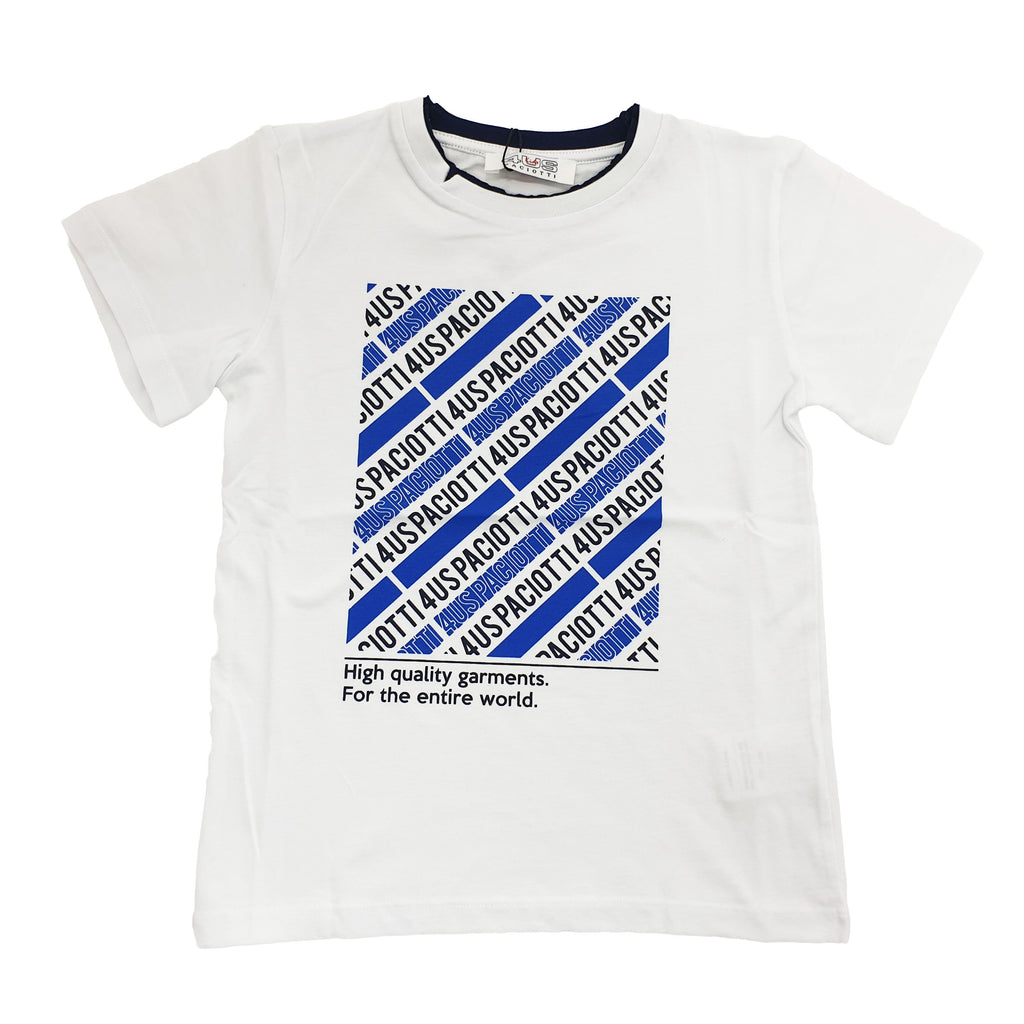 T-shirt bambino bianca con riquadro azzurro e stampa contrasto