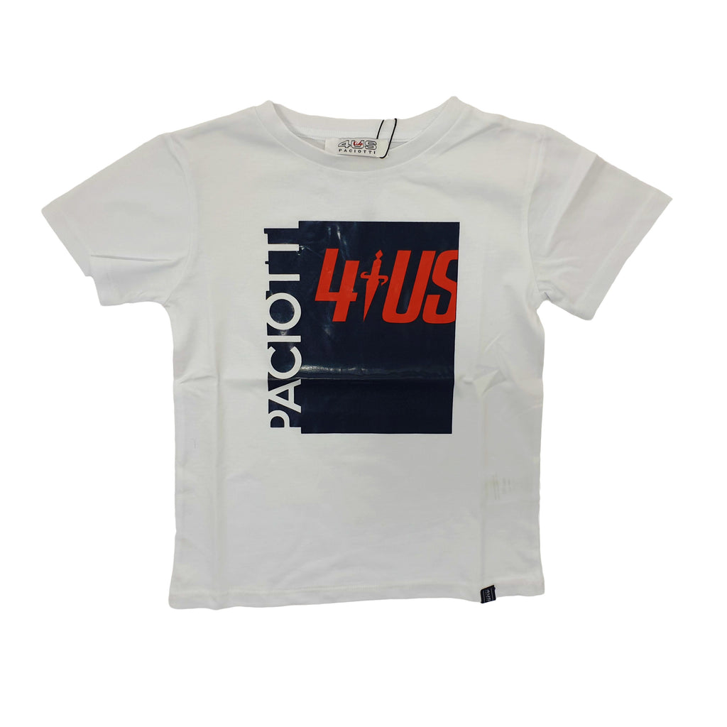 T-shirt bambino bianca con riquadro blu sul davanti con logo a contrasto