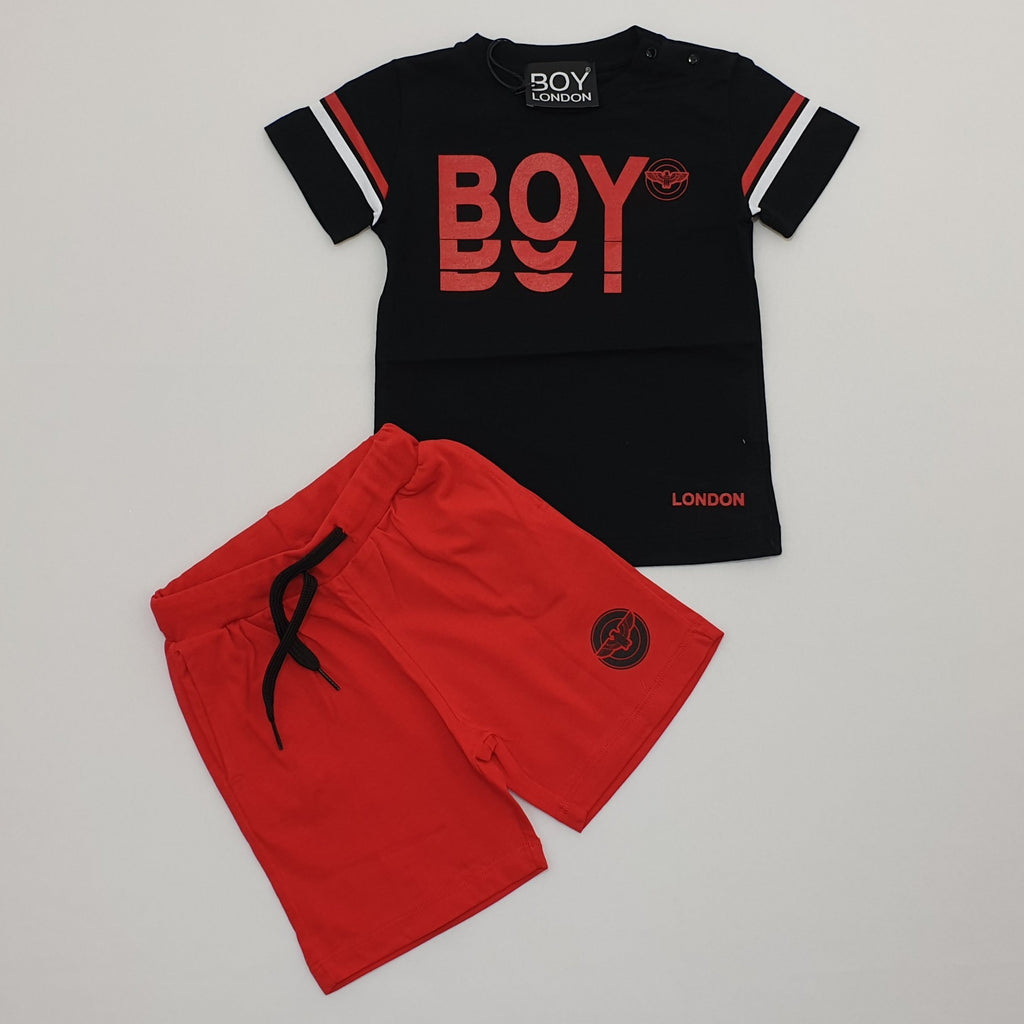 Completo bambino Boy London maglia NERA con bermuda rossa