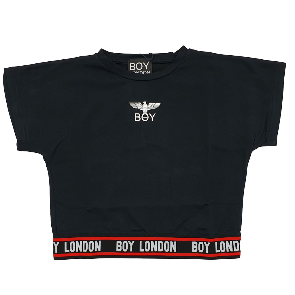 T-shirt bambina nera con logo sul davanti e balza firmata Boy london da coordinare con gonna multicolor