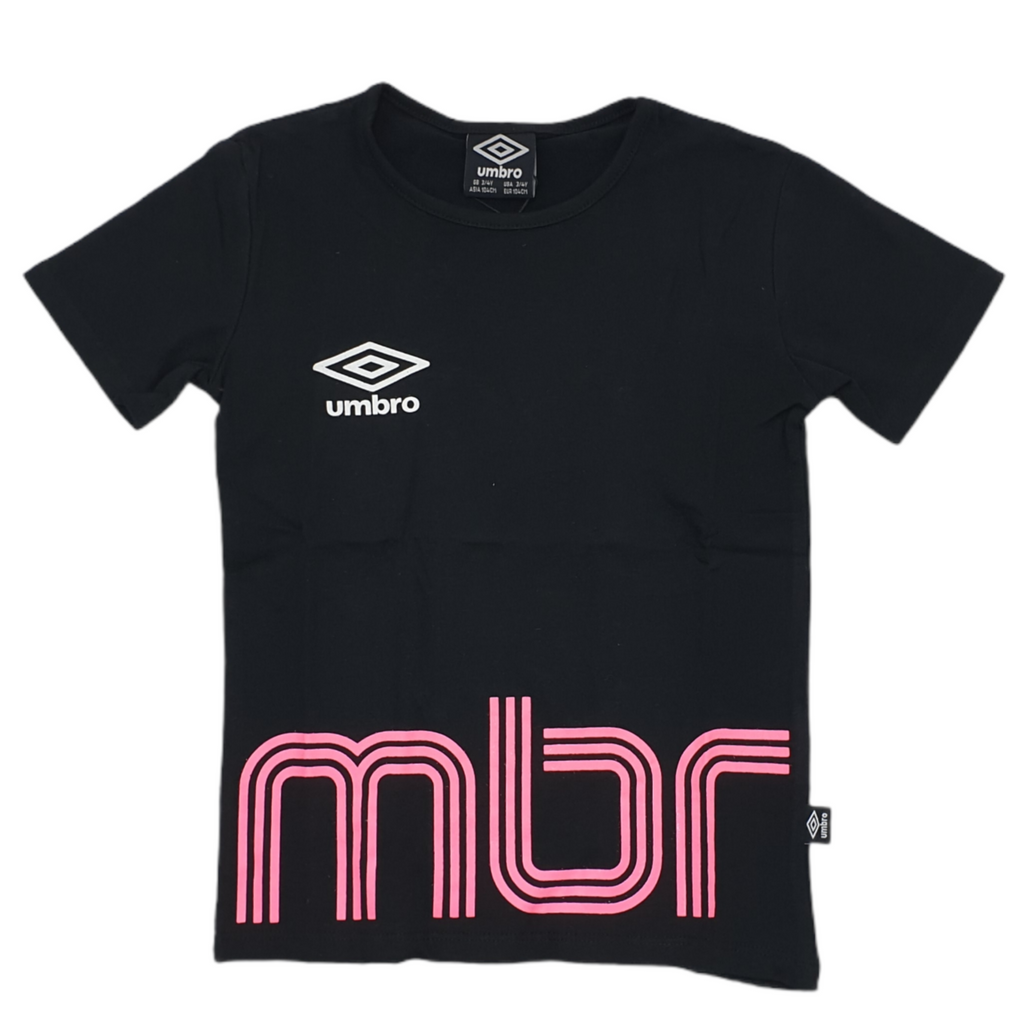 T-shirt bambina nera con logo fuxia fluo