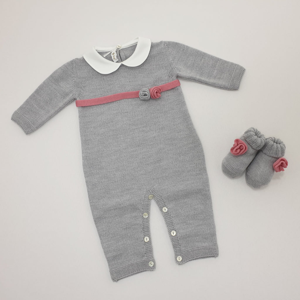 Tutina neonata 100% Lana con rose applicate e babbucce coordinate