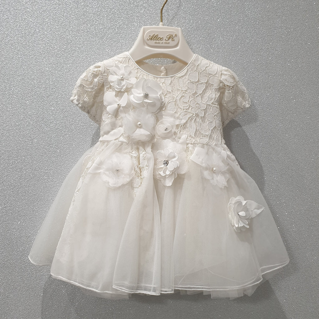 Vestito battesimo con pizzo e fiori applicati