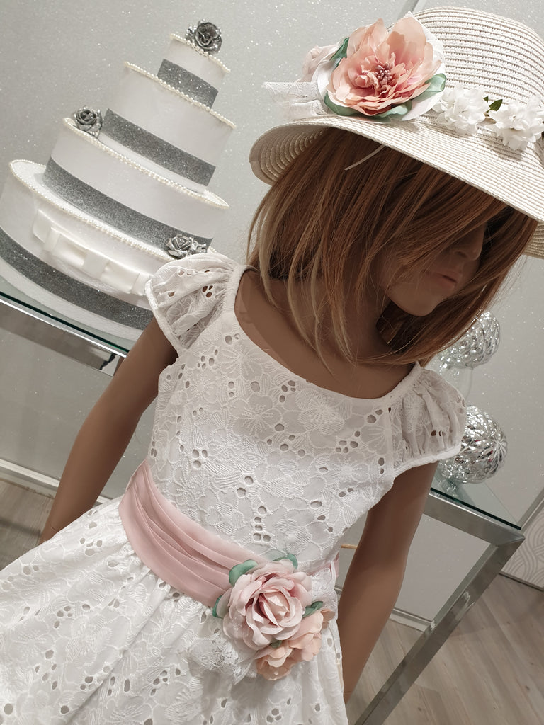 Vestito bambina cerimonia in pizzo san gallo con rosa applicata