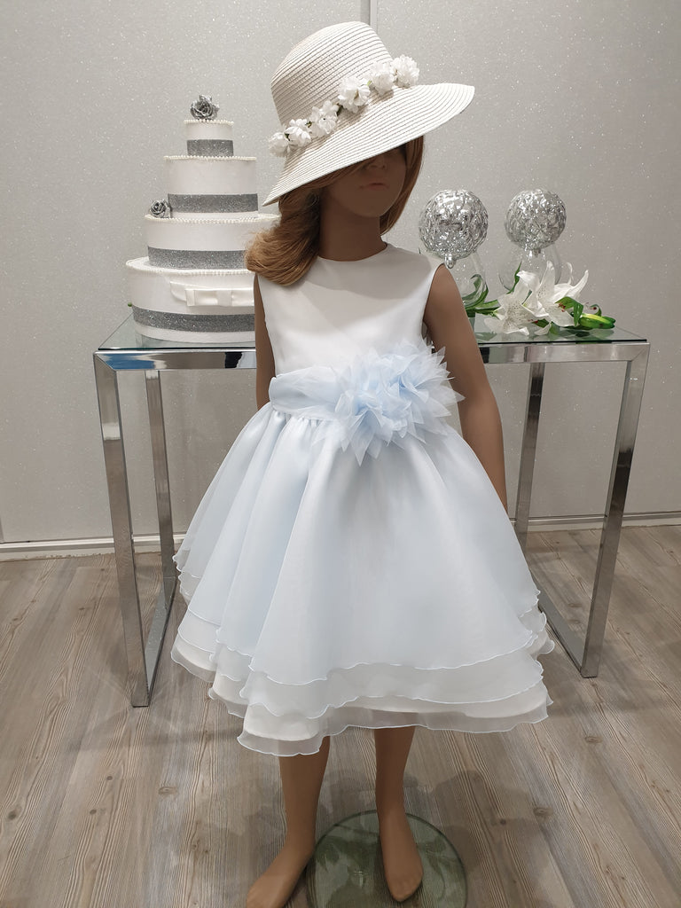 Vestito bambina cerimonia con tono azzurro su gonna