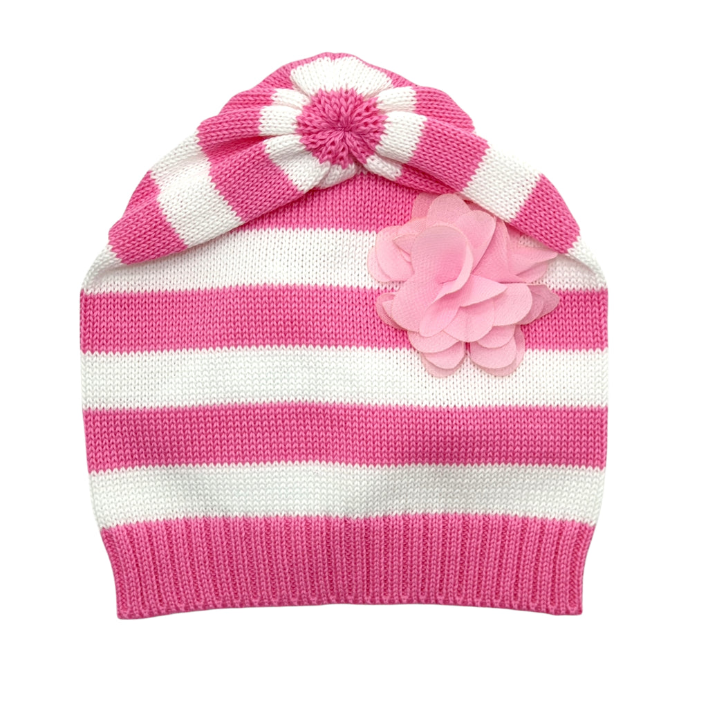 Cappello neonata 100% cotone fasciato con rosa applicata
