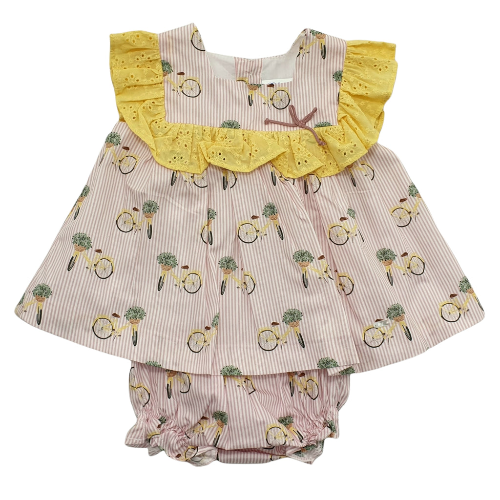 Vestito bambina rigata con stampa biciclette con fiori