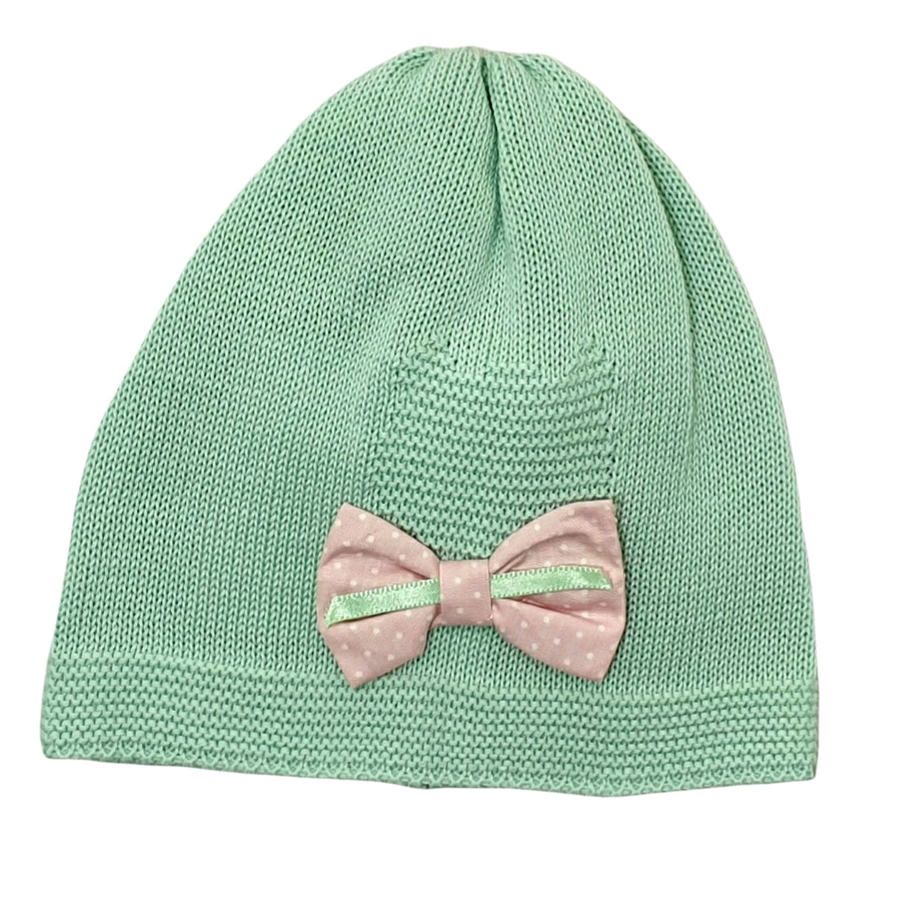 Cappello neonata 100% cotone acqua con fiocco applicato pois rosa