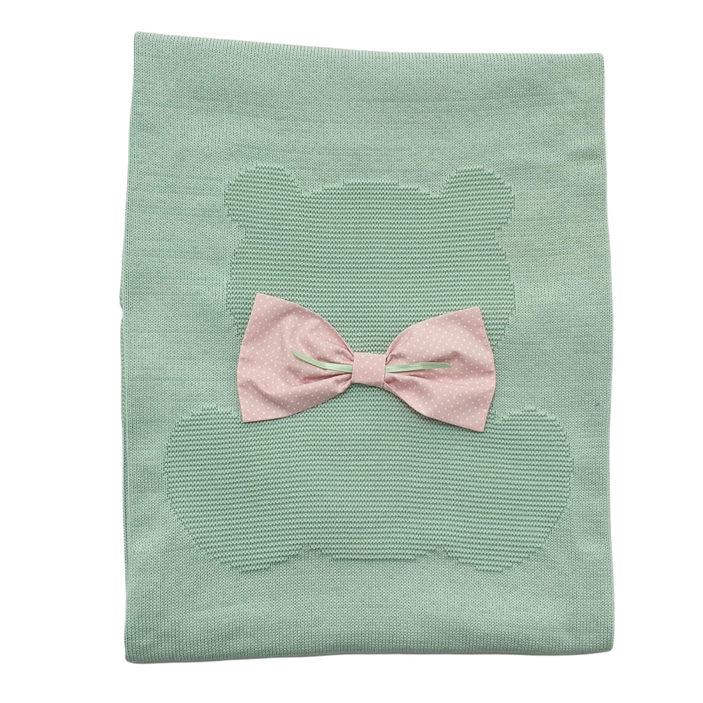 Copertina neonata 100% cotone verde acqua con orsetto e fiocco