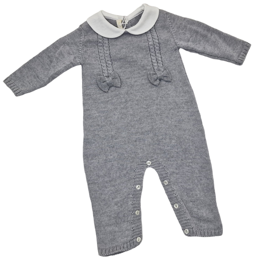 Tutina neonata 100% lana grigia con losanghe e fiocchetti sul davanti