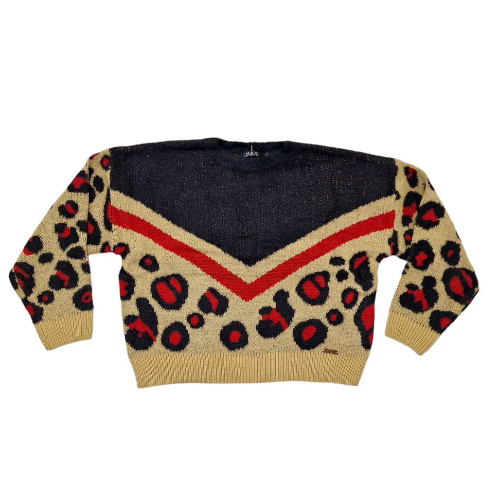 Pullover bambina maculato con fascia rossa