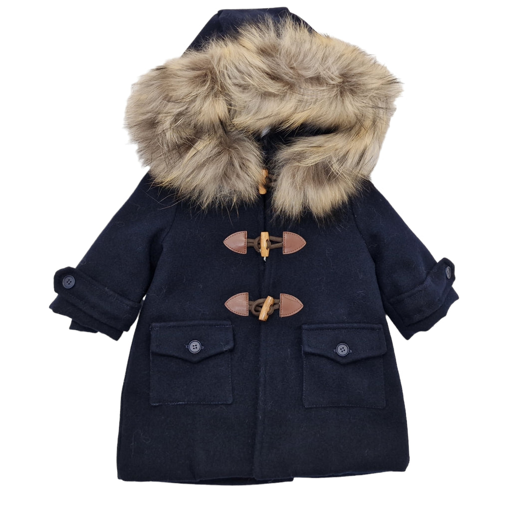 Cappotto bambino in panno con cappuccio con pelliccia