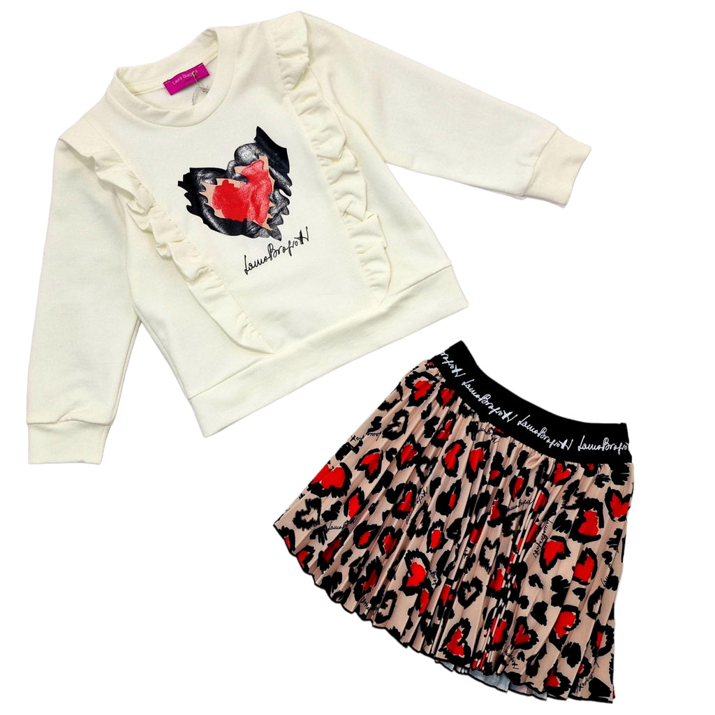 Completo bambina felpa cuore con gonna cuori a pieghe