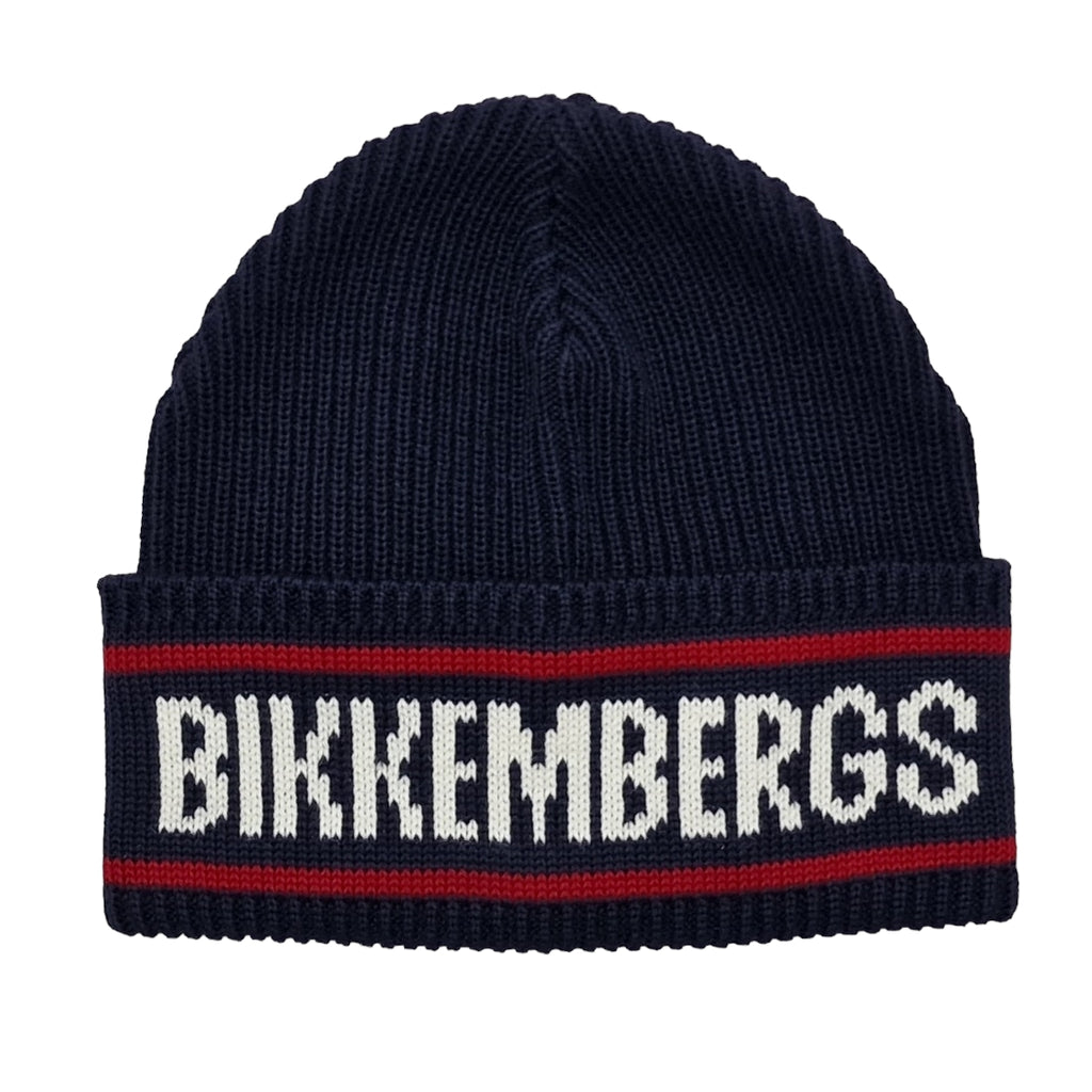 Cappello bambino blu con logo a contrasto rosso Bikkemberg