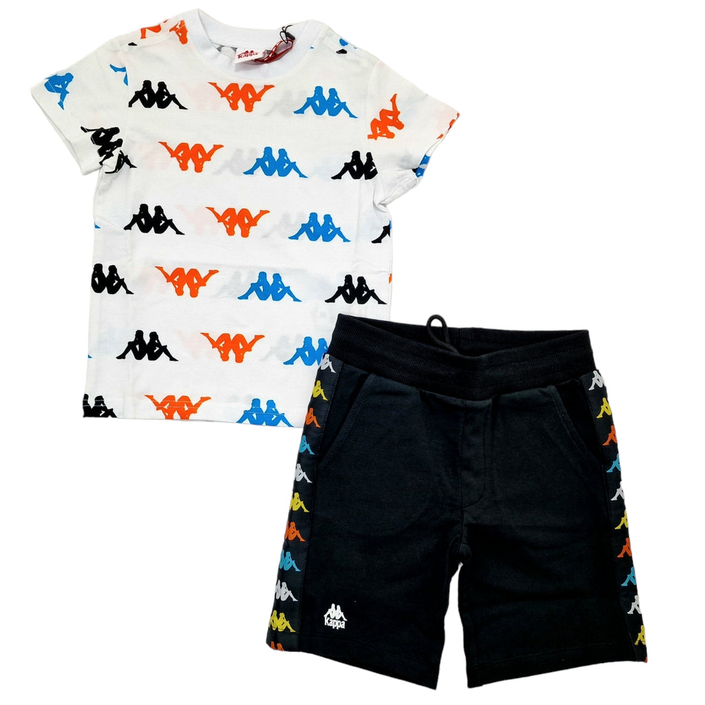 Completo bambino T-shirt bianca con multi logo e short nero bandina kappa