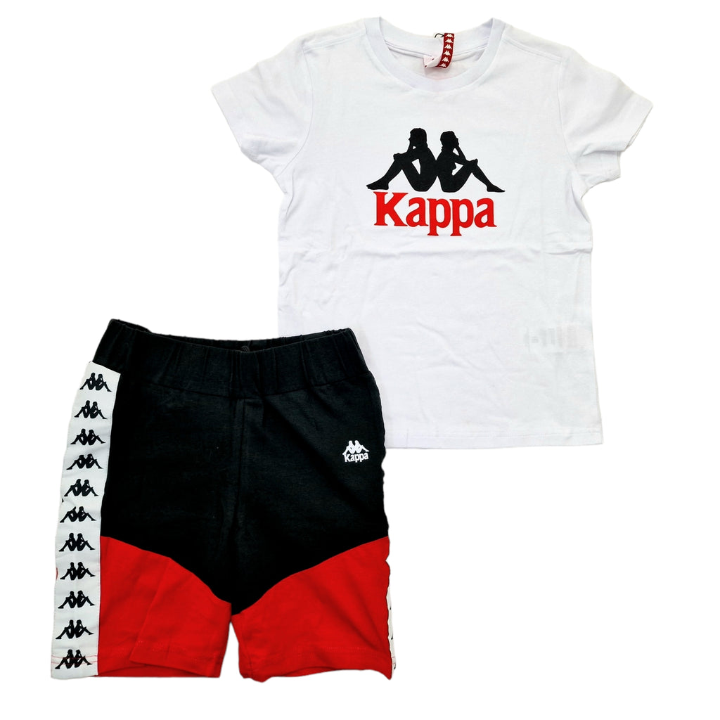 Completo bambino T-shirt bianca e short nero rosso Kappa Junior