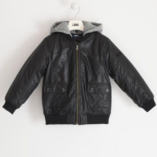 Giubbotto bambino in ecopelle con cappuccio in felpa
