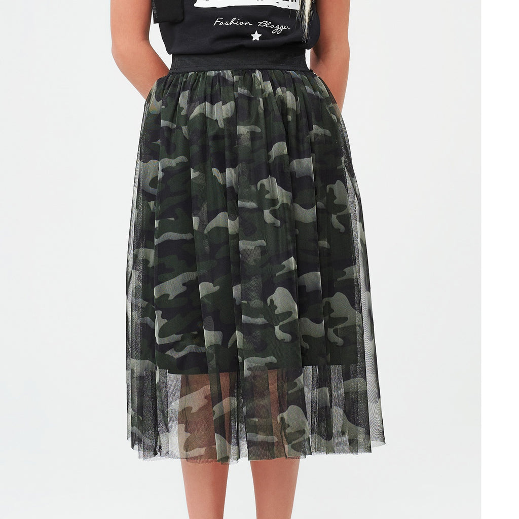 Gonna bambina in tulle con stampa camouflage