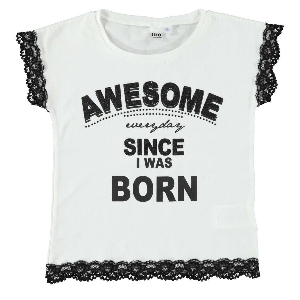 T-SHIRT bambina con rifiniture in pizzo su maniche e davanti