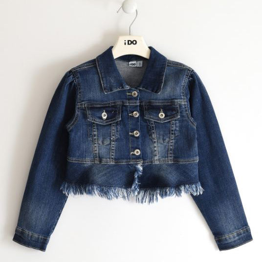 Giubbotto bambina in jeans sfilacciato con collo
