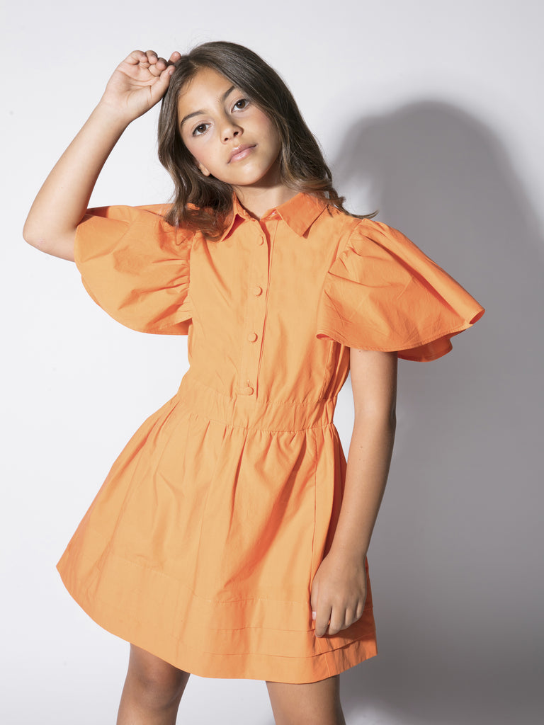 Vestito bambina in cotone arancio con manica arricciata