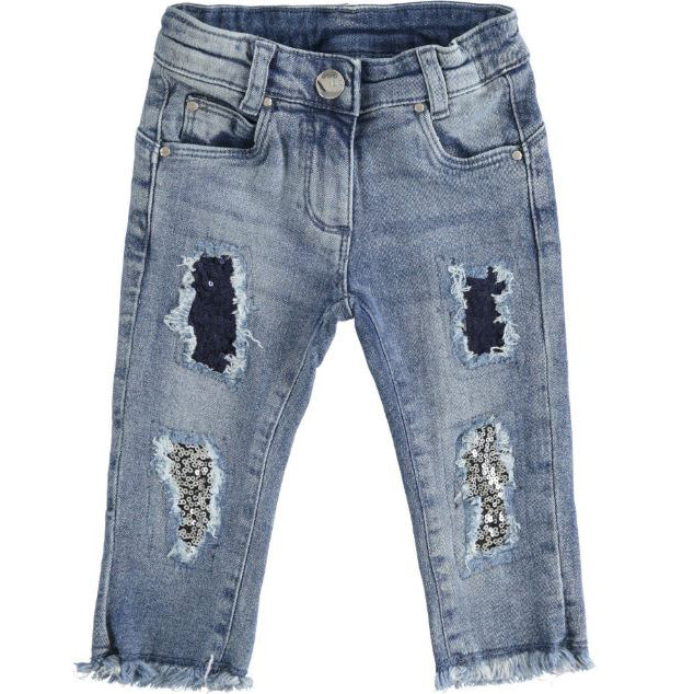 Jeans bambina con toppe foderate con paillettes