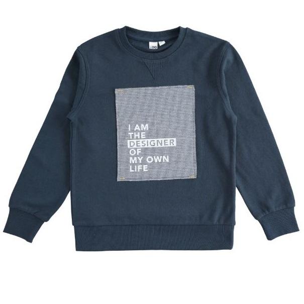 Felpa bambino blu con ricamo vichy sul davanti