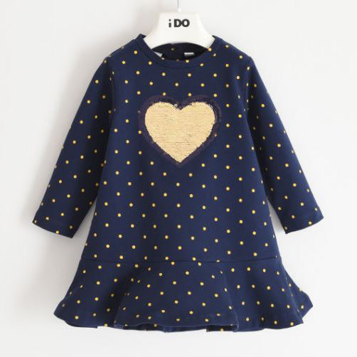 Vestito bambina in felpa con micro pois e cuore paillettes